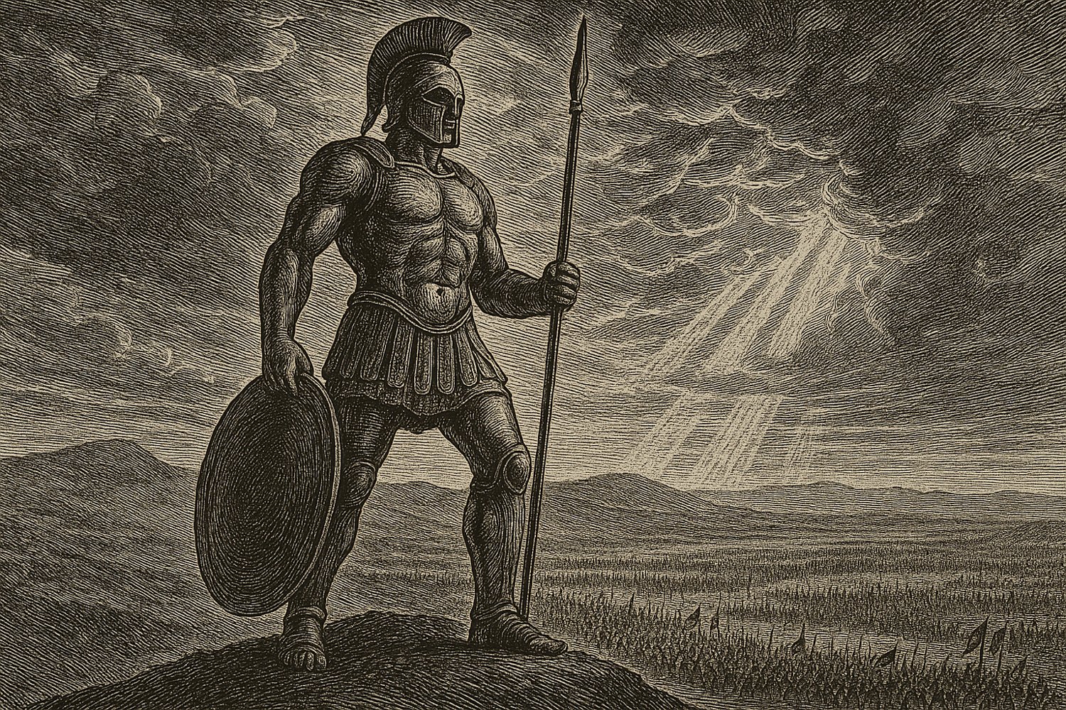 Wood engraving: a colossal armored titan stands upon a hill overlooking a battlefield plain at dawn