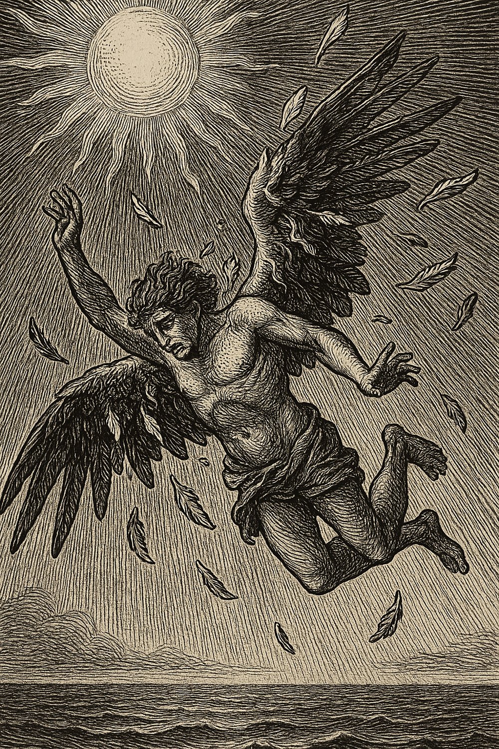 Wood engraving: Icarus falling beneath a blazing sun, feathers scattering from his melting wings