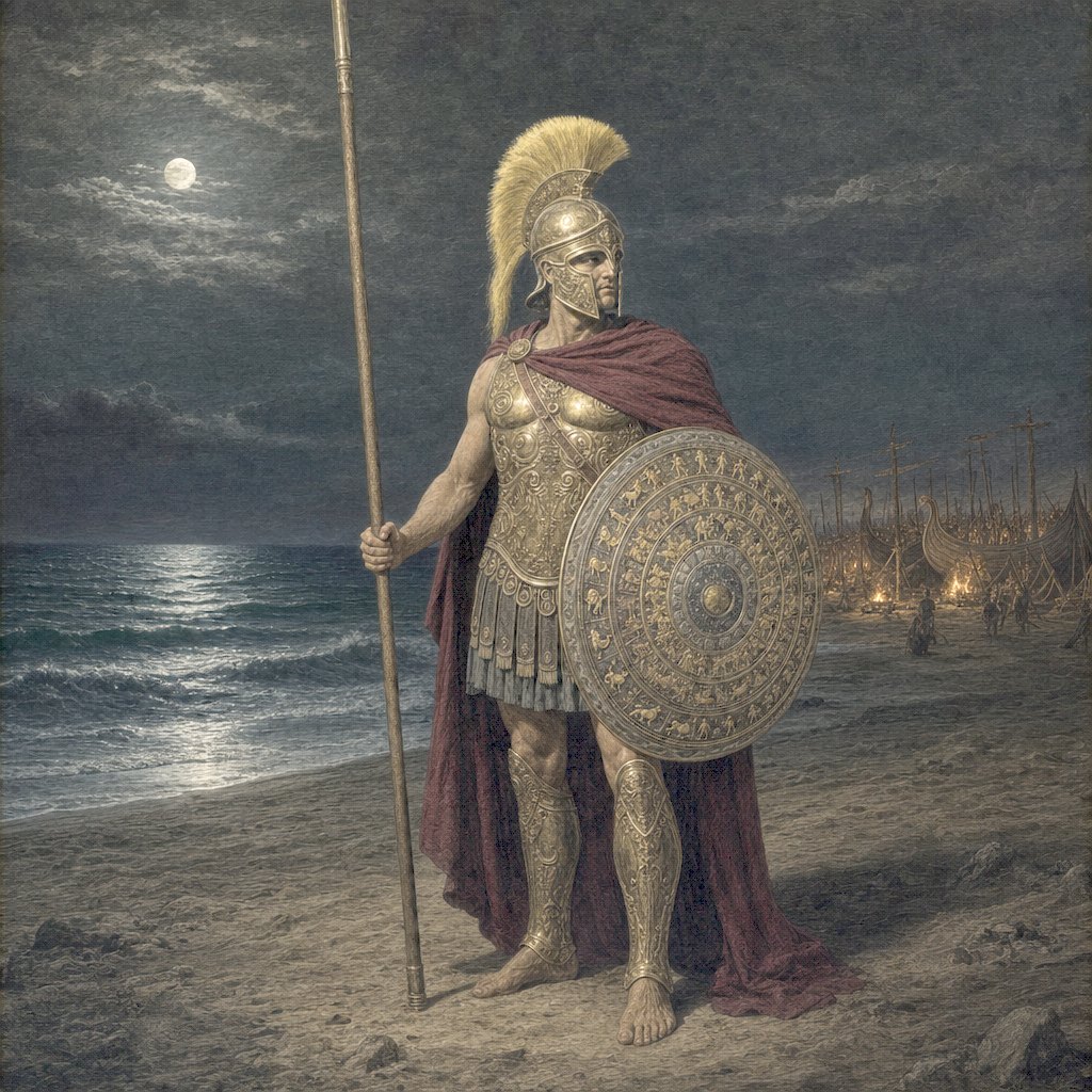 Engraving: Achilles on the beach at Troy in divine armour, the great shield on his arm and the Pelian ash spear planted in the sand